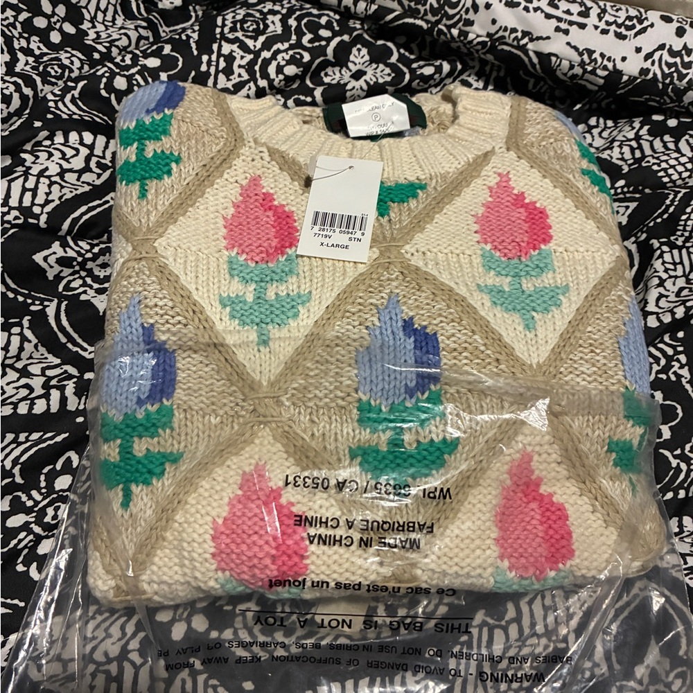 Orvis Cream Sweater with Pink, Blue and Green Floral Motif